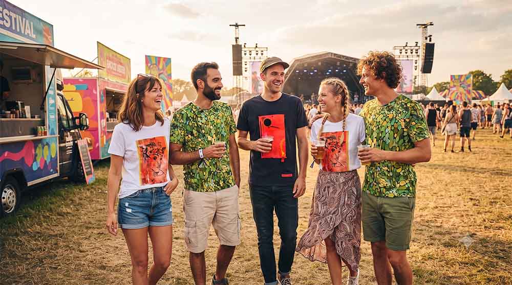 Festivalbezoekers van rond de dertig jaar poseren in de zon op een festivalterrein, met foodtrucks en een groot podium in de achtergrond. Ze dragen T-shirts met opvallende, artistieke prints van No106, waaronder het groene organische patroon, de rode abstracte blokken en de oranje lijntekening.