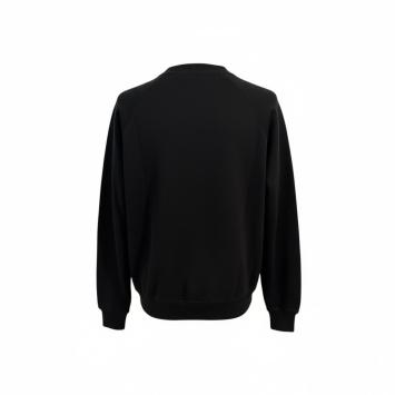 Achterkant van de zwarte dames sweater van CLAU-D uit de collectie van No106 met een opvallende, handbewerkte witte grafische