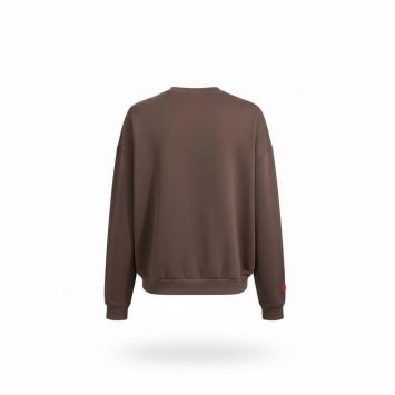 Achteraanzicht van de stijlvolle mauve sweater met een relaxte pasvorm en verfijnde afwerking.